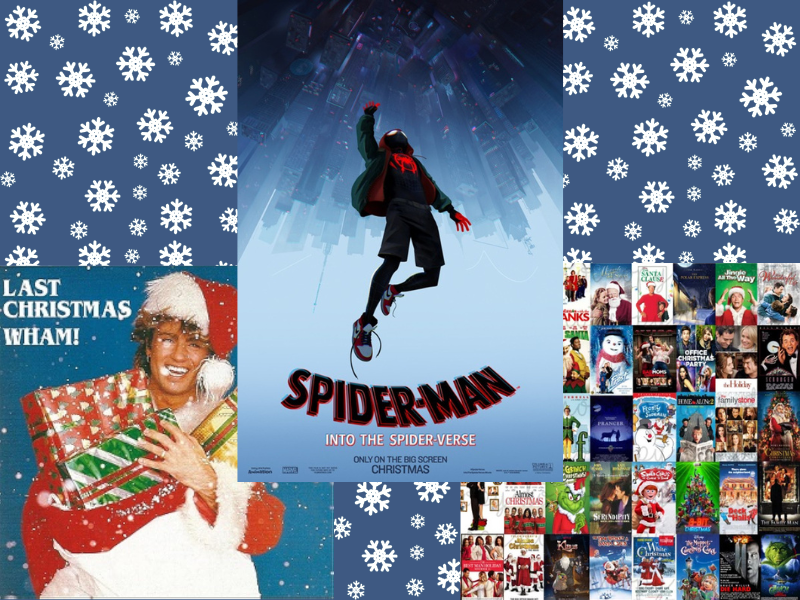 Posters for "Spider-Man: Into the Spider-Verse" and assorted Christmas movies, as well as the album cover for Wham!'s "Last Christmas."